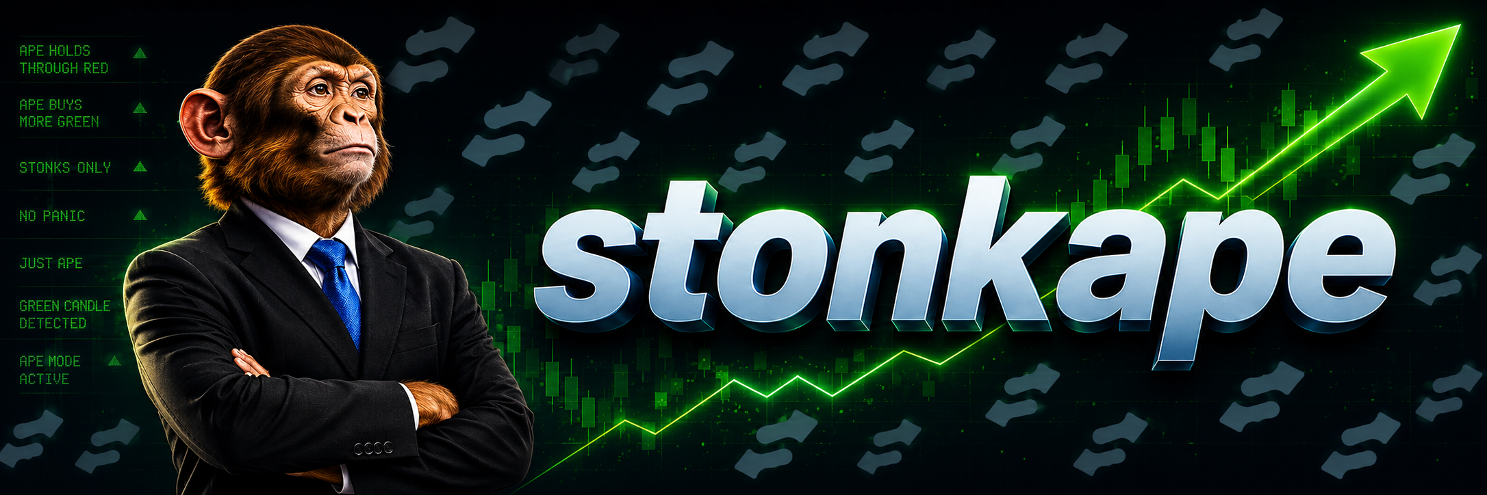 stonkape banner — suited ape with stonk chart and green arrow